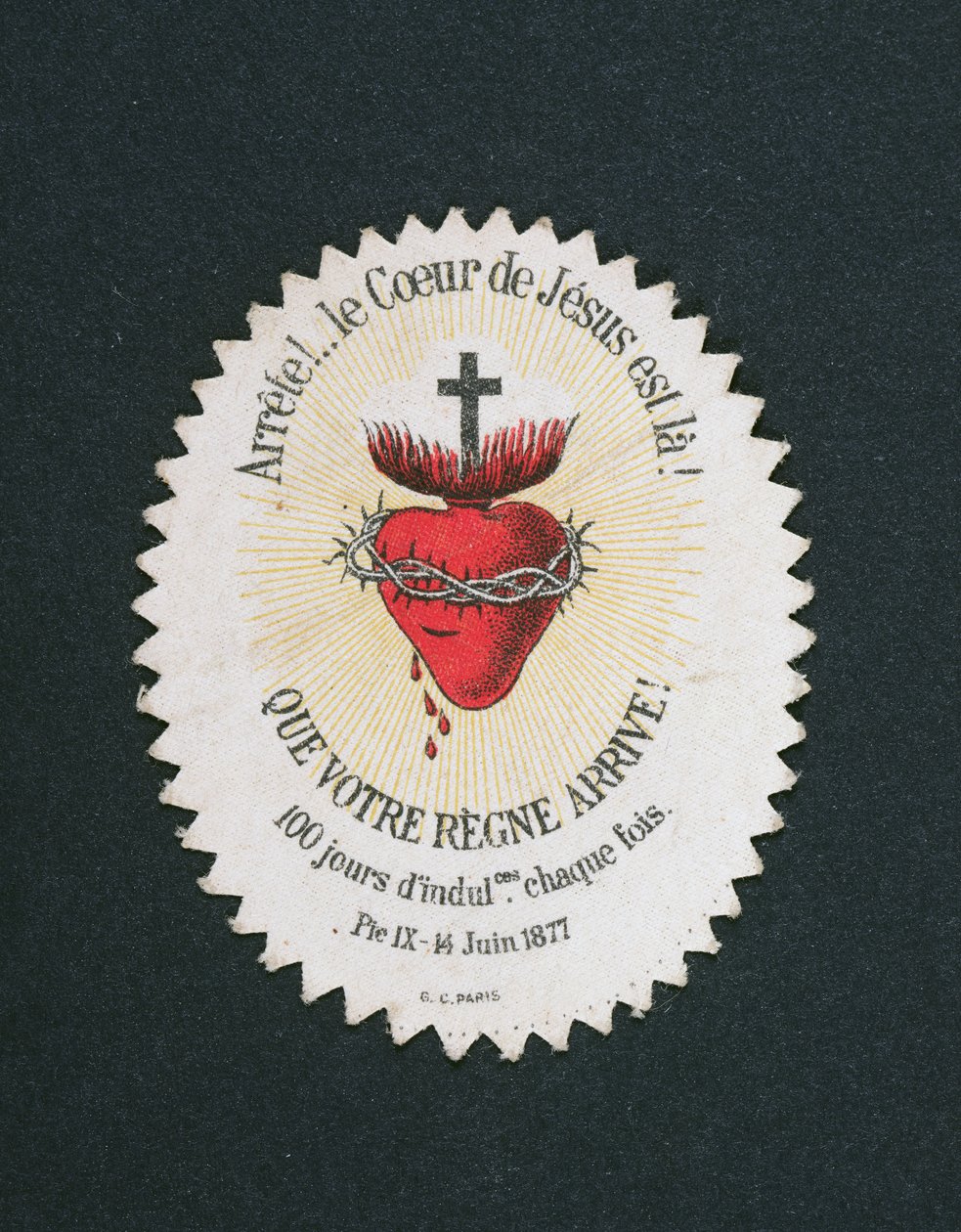 Imagen devocional del Corazón de Jesús ofreciendo una indulgencia de 100 días de French School