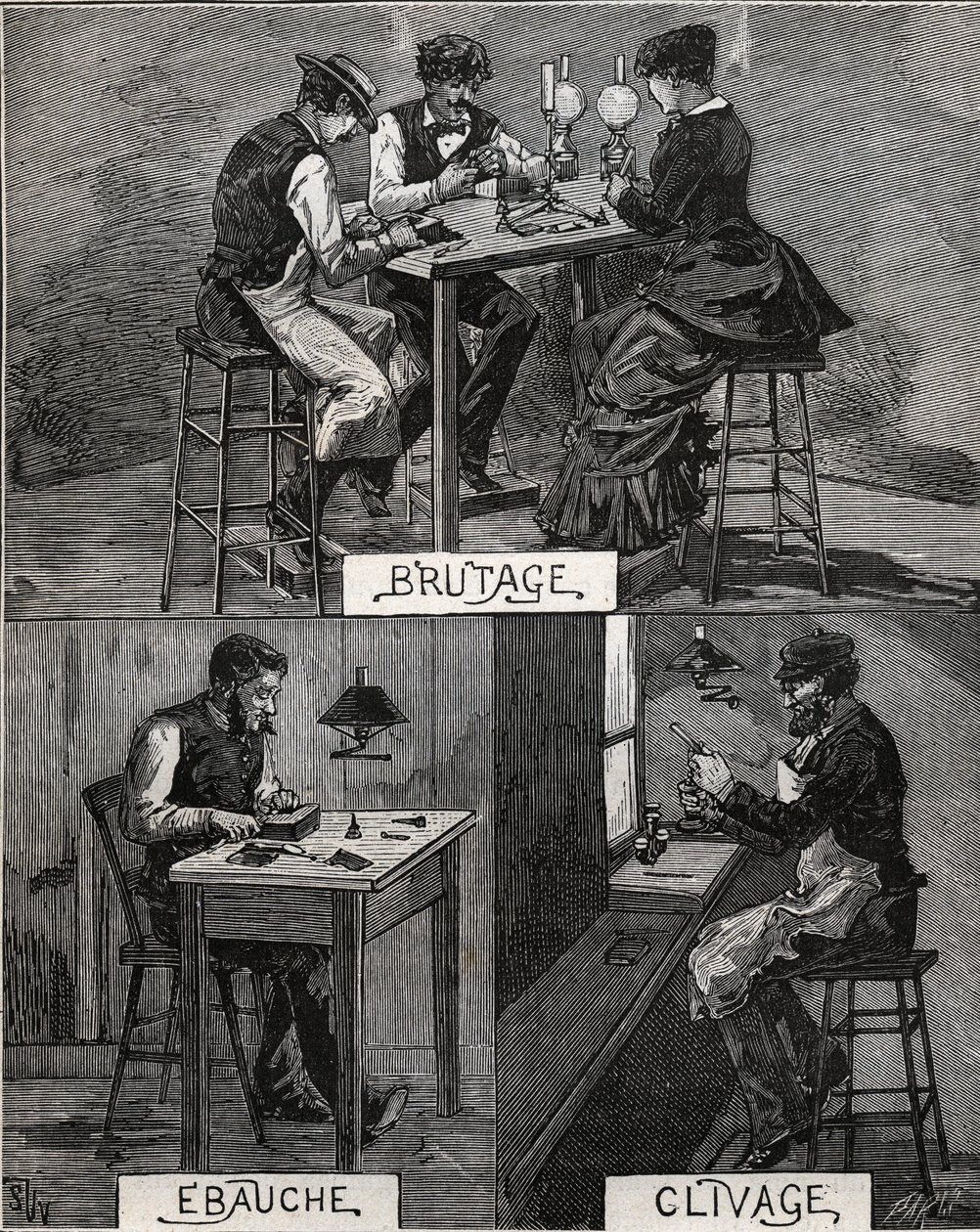Corte de diamantes, sonido, bruto y clivaje. Grabado de 1885 en “Les arts et metiers illustres” por Adolphe BITARD. de French School