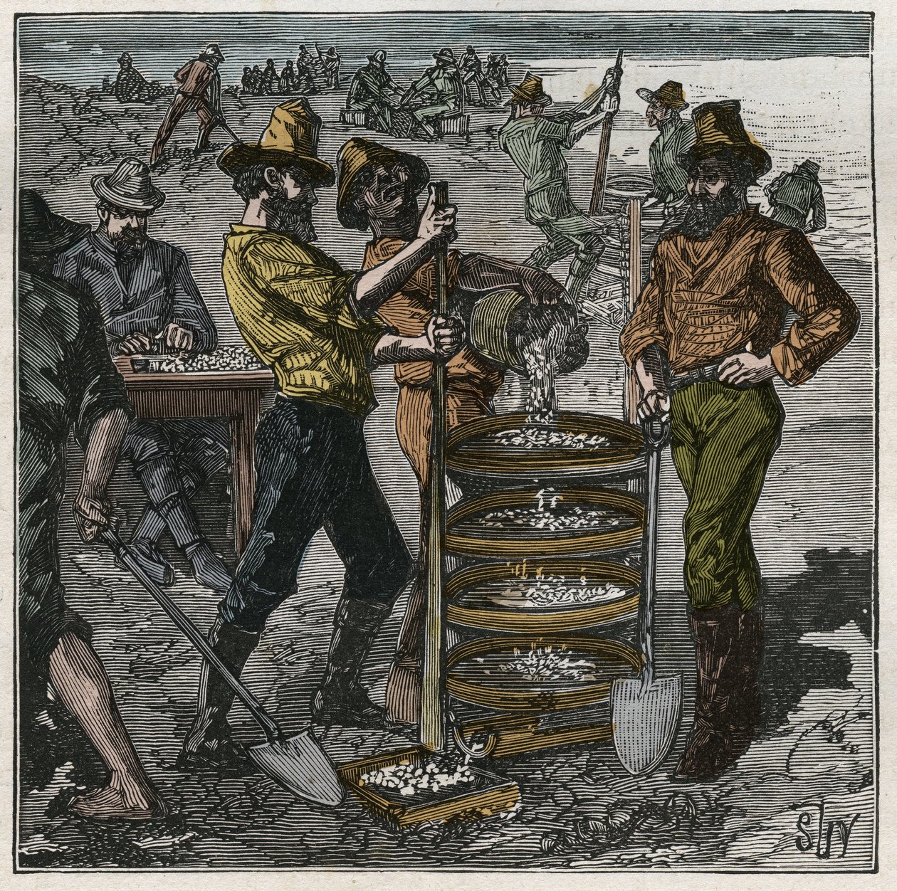 Lavado de diamantes en Sudáfrica en el siglo XIX. Grabado de 1885 en “Les arts et metiers illustres” por Adolphe BITARD. de French School