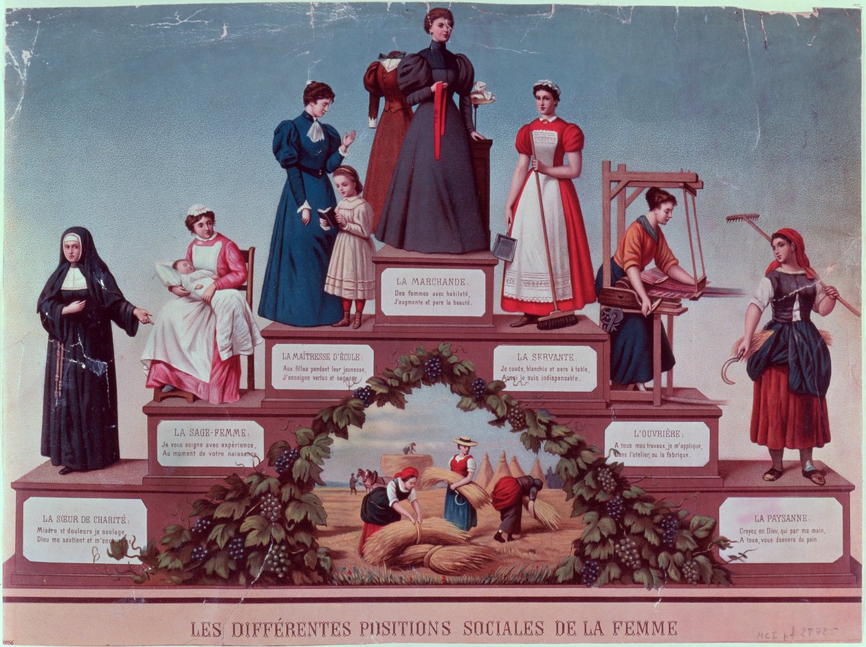 Diferentes posiciones sociales de las mujeres, finales del siglo XIX (grabado en color) de French School