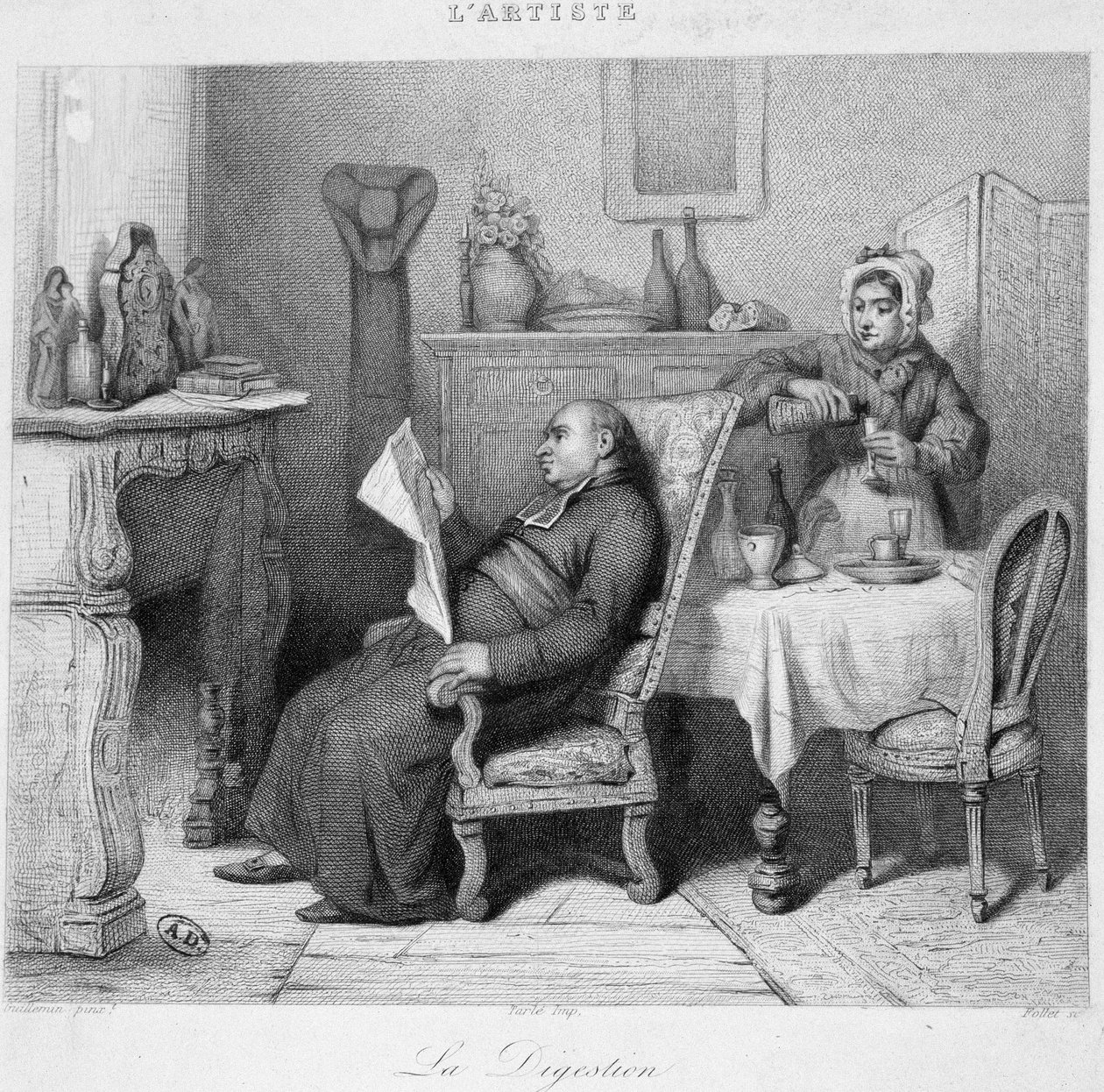 Digestión: sacerdote leyendo su diario frente a la chimenea mientras su criada le sirve un digestivo - grabado de French School