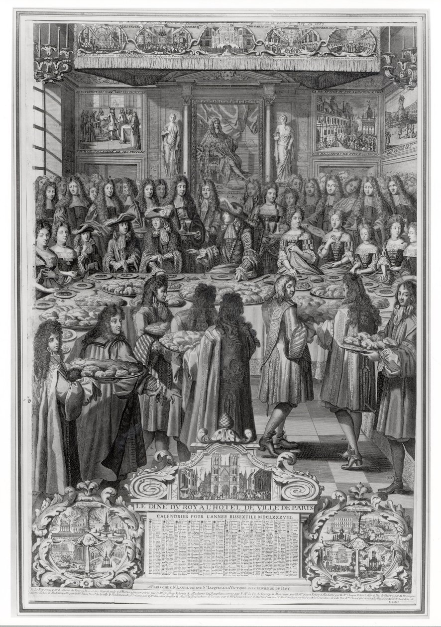 Cena de Luis XIV (1638-1715) en el Hotel de Ville, 30 de enero de 1687, del Calendario del año 1688 de French School
