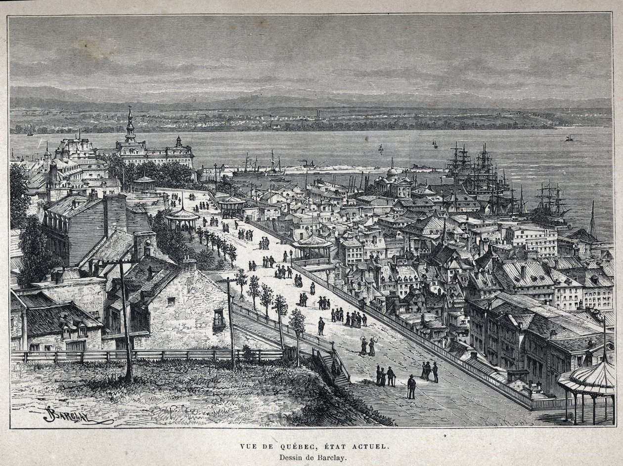 Descubre Canadá: vista de la ciudad de Quebec a finales del siglo XIX. Dibujo de Barclay. Grabado de finales del siglo XIX en "La nouvelle France" de Eugene Guenin. de French School