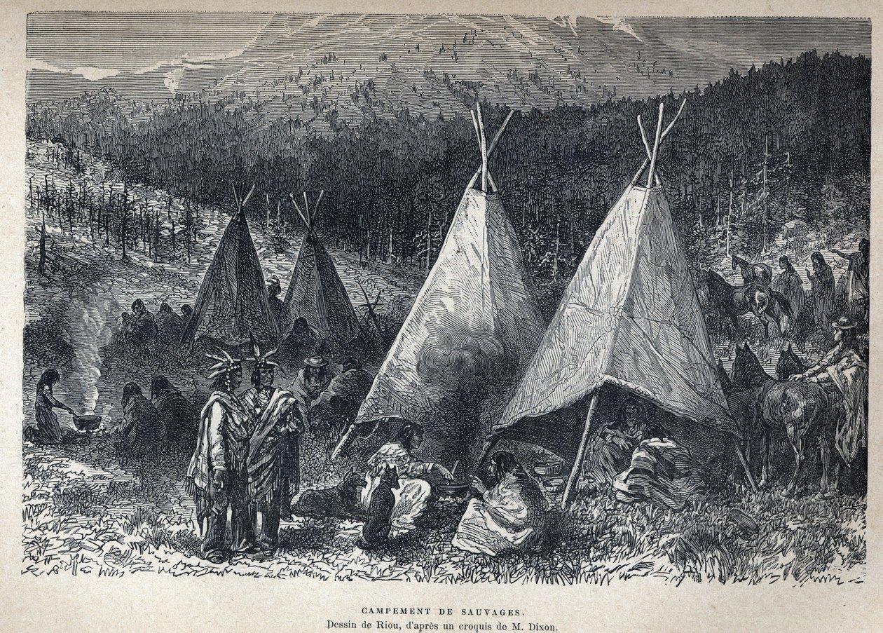 Descubrimiento de Canadá: Campamento de indios americanos con tipis. Dibujo de Riou a partir de un boceto de Dixon. Grabado de finales del siglo XIX en "La nouvelle France" de Eugene Guenin. de French School