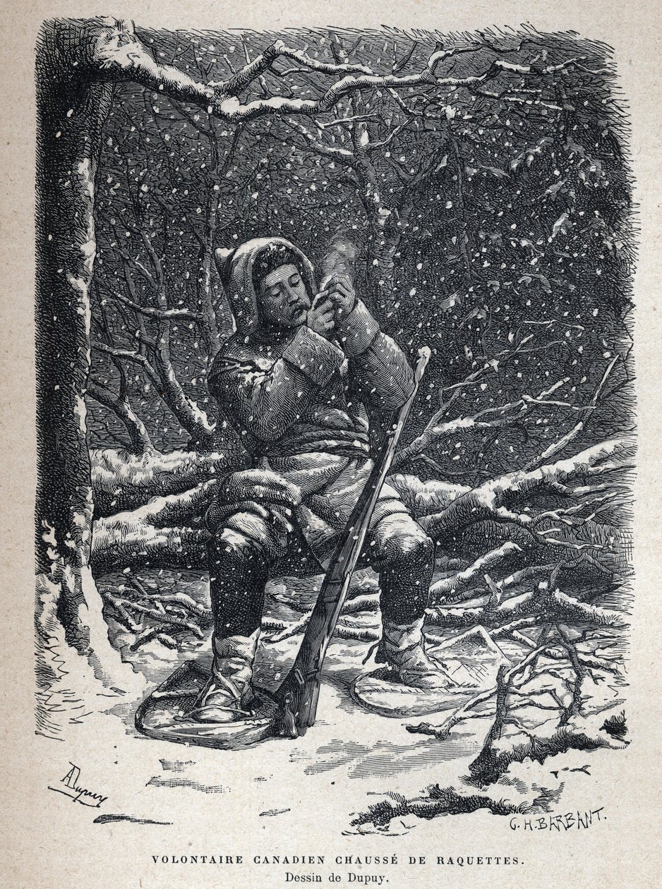 Descubrir Canadá: voluntario del ejército canadiense con raquetas de nieve. Dibujo de Dupuy. Grabado de finales del siglo XIX en 
