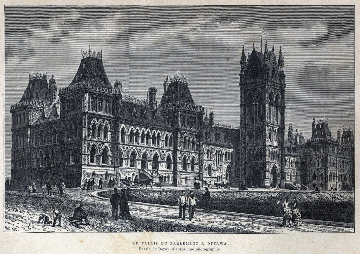 Descubrir Canadá: El Palacio del Parlamento en Ottawa. Dibujo de Deroy a partir de una fotografía. Grabado de finales del siglo XIX en 
