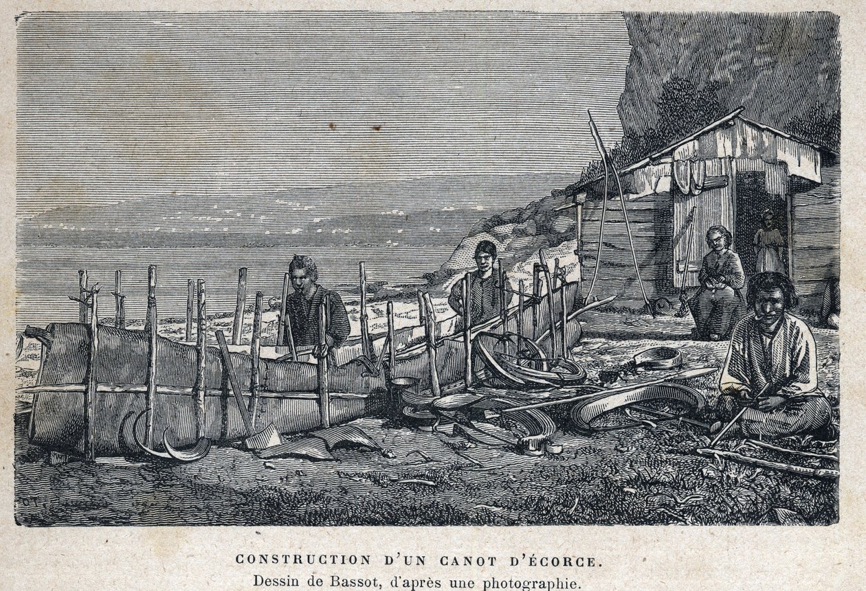 Descubrimiento de Canadá: construcción de una canoa de corteza. Dibujo de Bassot después de una fotografía. Grabado de finales del siglo XIX en "La nouvelle France" de Eugene Guenin. de French School