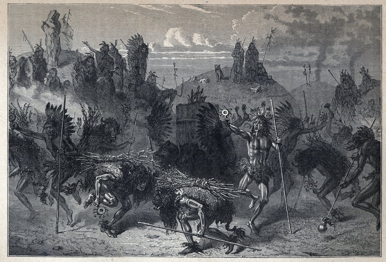 Descubrimiento de Canadá: la danza del bisonte en los Mondanes. Grabado de finales del siglo XIX en "La nouvelle France" de Eugene Guenin. de French School