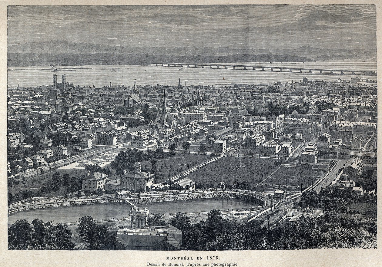 Descubrimiento de Canadá: vista de la ciudad de Montreal en 1875. Dibujo de Benoist después de una fotografía. Grabado de finales del siglo XIX en "La nouvelle France" de Eugene Guenin de French School