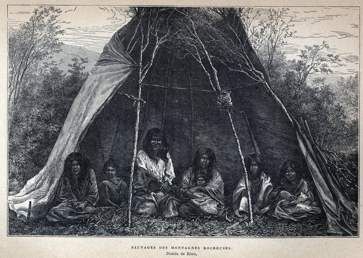 Descubrir Canadá: indios americanos viviendo en las Montañas Rocosas. Grabado de finales del siglo XIX en 