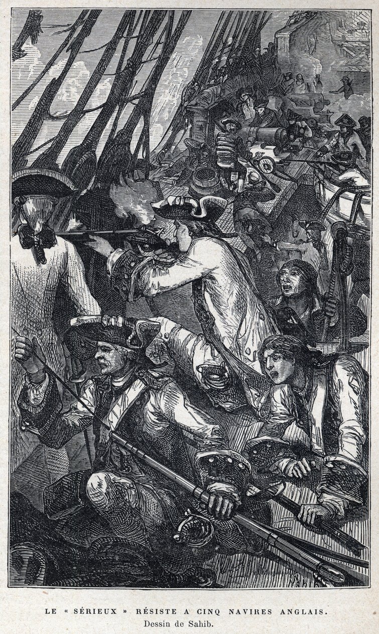 Descubrimiento de Canadá: Jacques Pierre de Taffanel de la Jonquiere (1685-1752) oficial naval francés al frente del barco francés "Le serieux" resistió a cinco barcos ingleses. Dibujo de Sahib. Grabado de finales del siglo XIX en "La nouvelle France" de E de French School