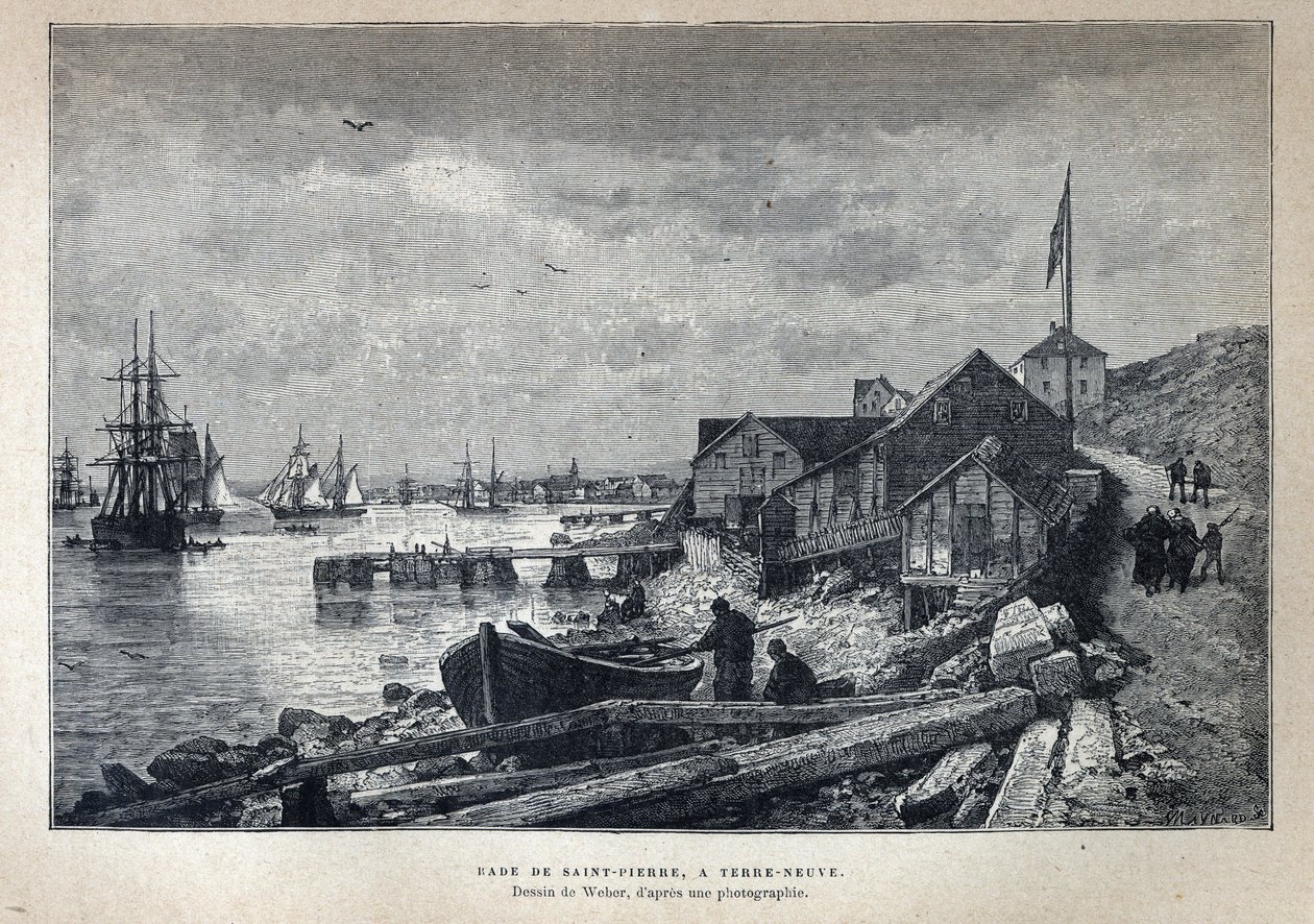 Descubrimiento de Canadá: el puerto de San Pedro en Terranova, Terranova. Dibujo de Weber a partir de una fotografía. Grabado de finales del siglo XIX en "La nouvelle France" de Eugene Guenin. de French School