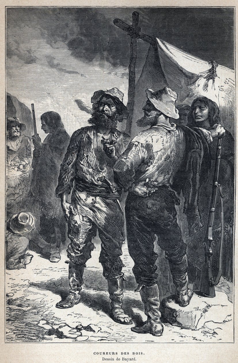 Descubrir Canadá: coureur des bois (involucrado en el comercio de pieles con los amerindios). Dibujo de Bayard. Grabado de finales del siglo XIX en 