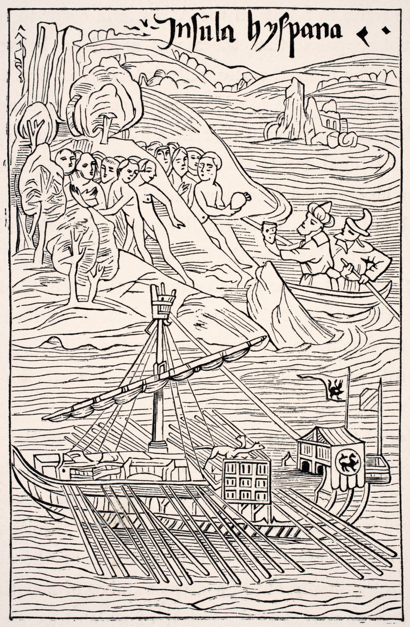 Descubrimiento de Santo Domingo, Insula Hyspana, por Cristóbal Colón, Facsímil de un grabado en madera de la Epistola Christoferi Colom, de Science and Literature in The Middle Ages por Paul Lacroix pub. Londres 1878 de French School