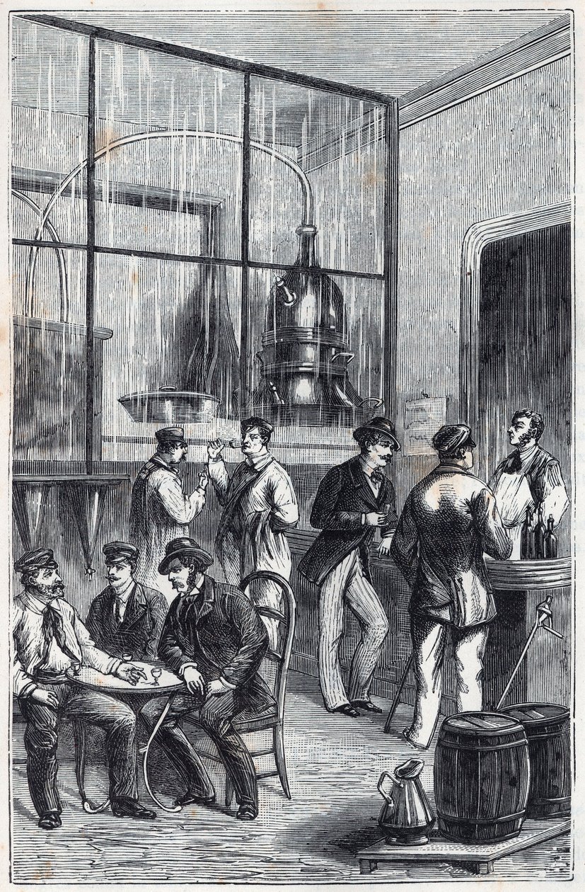 Tienda de destiladores en París en el siglo XIX - Grabado en “Ciencias al alcance de todos - física y química” por Alexis Clerc - Finales del siglo XIX - Colección privada de French School