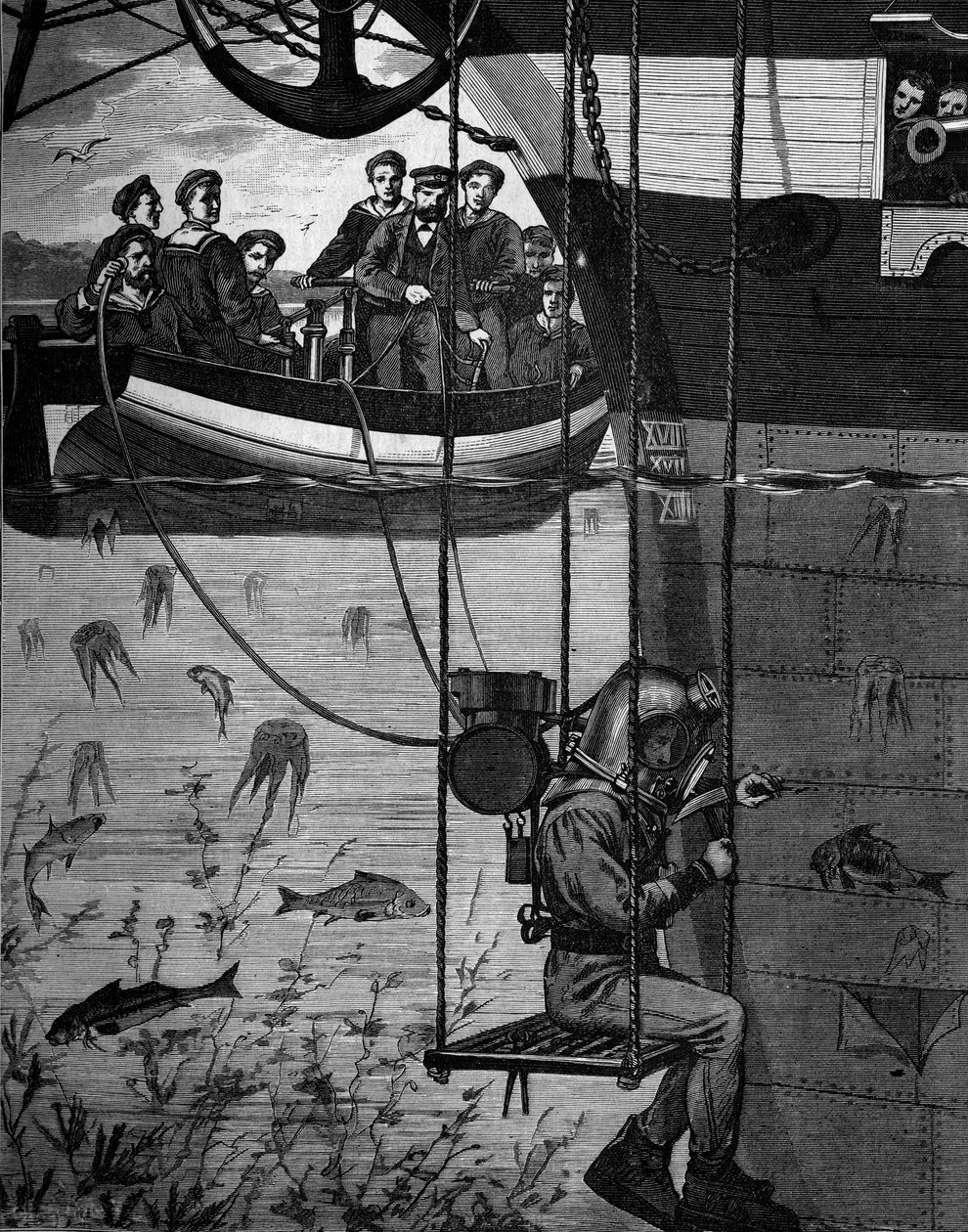 Aparato de buceo: el escafandrista en acción. de French School