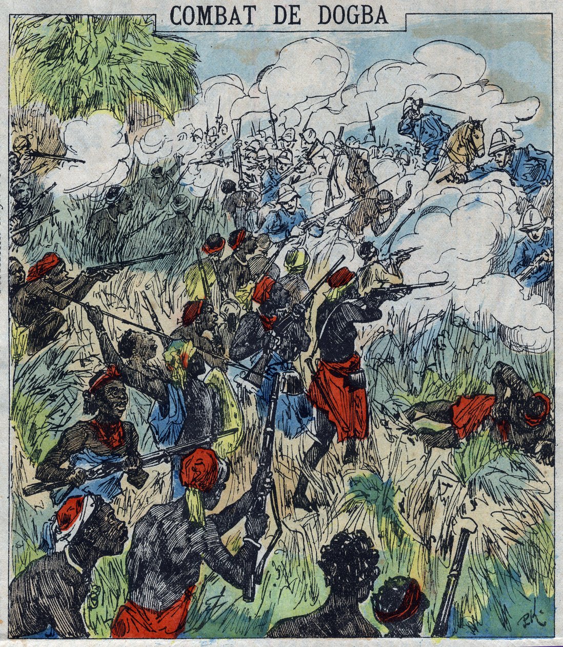 Batalla de Dogba entre la fuerza expedicionaria del General Dodds y las tropas de Behanzin. Dahomey de French School
