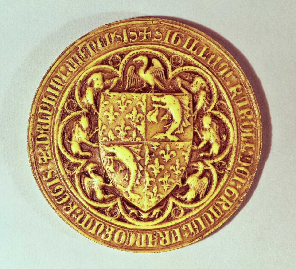 Sello de Delfín, el Escudo de Francia, con delfines y flor de lis, 1376 de French School