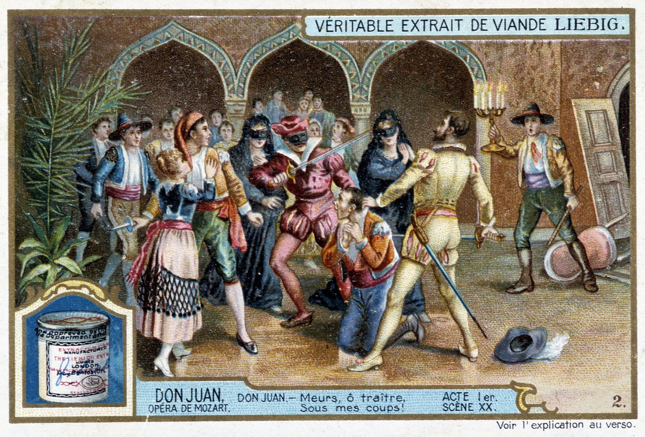 Don Juan: Acto I, Escena XX, Don Juan en el baile de máscaras - cromo Liebig de French School