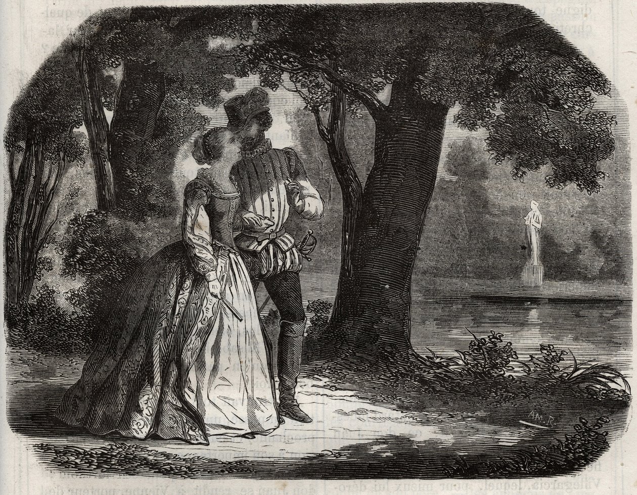 Don Juan discutió con Ana de Austria (1549-1580) su posible unión con el Príncipe Don Carlos (1545-1568), hijo del Rey Felipe II de España (1527-1598). Grabado de 1871 en "Histoire Des Cocus Celebres" de Henry de Kock (1819-1892) de French School