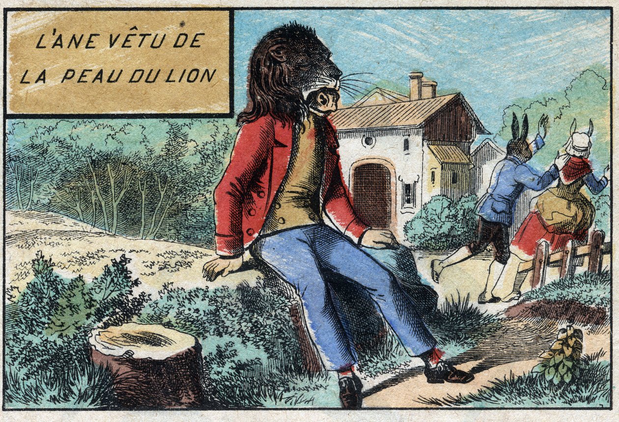 El burro con la piel del león. Fábulas de Jean de La Fontaine (1621-95). Imágenes de Épinal finales del siglo XIX. de French School