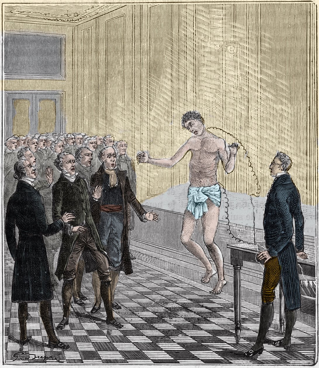 Dr. Andrew Ure realizando experimentos voltaicos en el cuerpo del asesino ejecutado, Clydesdale, en 1818 - Experiencia de Andrew Ure (1778-1857) en un cadáver - Grabado en “Ciencias al alcance de todos - física y química” por Alexis Clerc - Finales del sig de French School