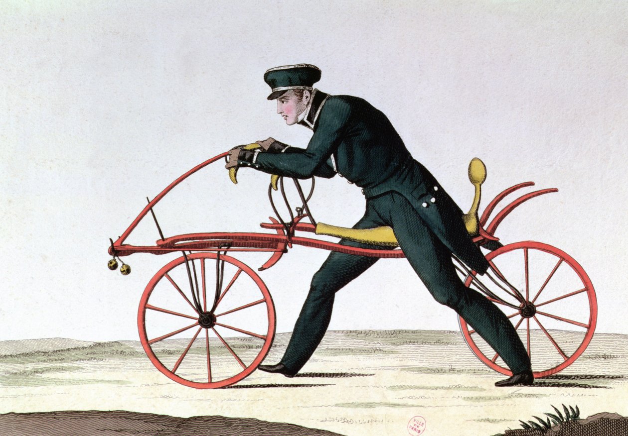 Draisiana, antecesora de la bicicleta, inventada en 1816 por el Barón Karl von Drais, 1820 de French School