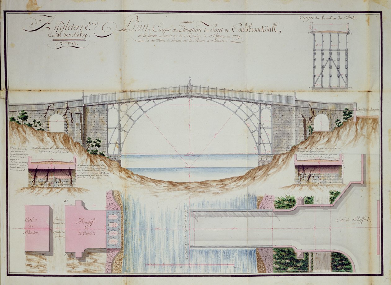 Dibujos y sección transversal del Puente de Hierro construido en 1779 en Coalbrookdale, Shropshire, Inglaterra, 1784 de French School