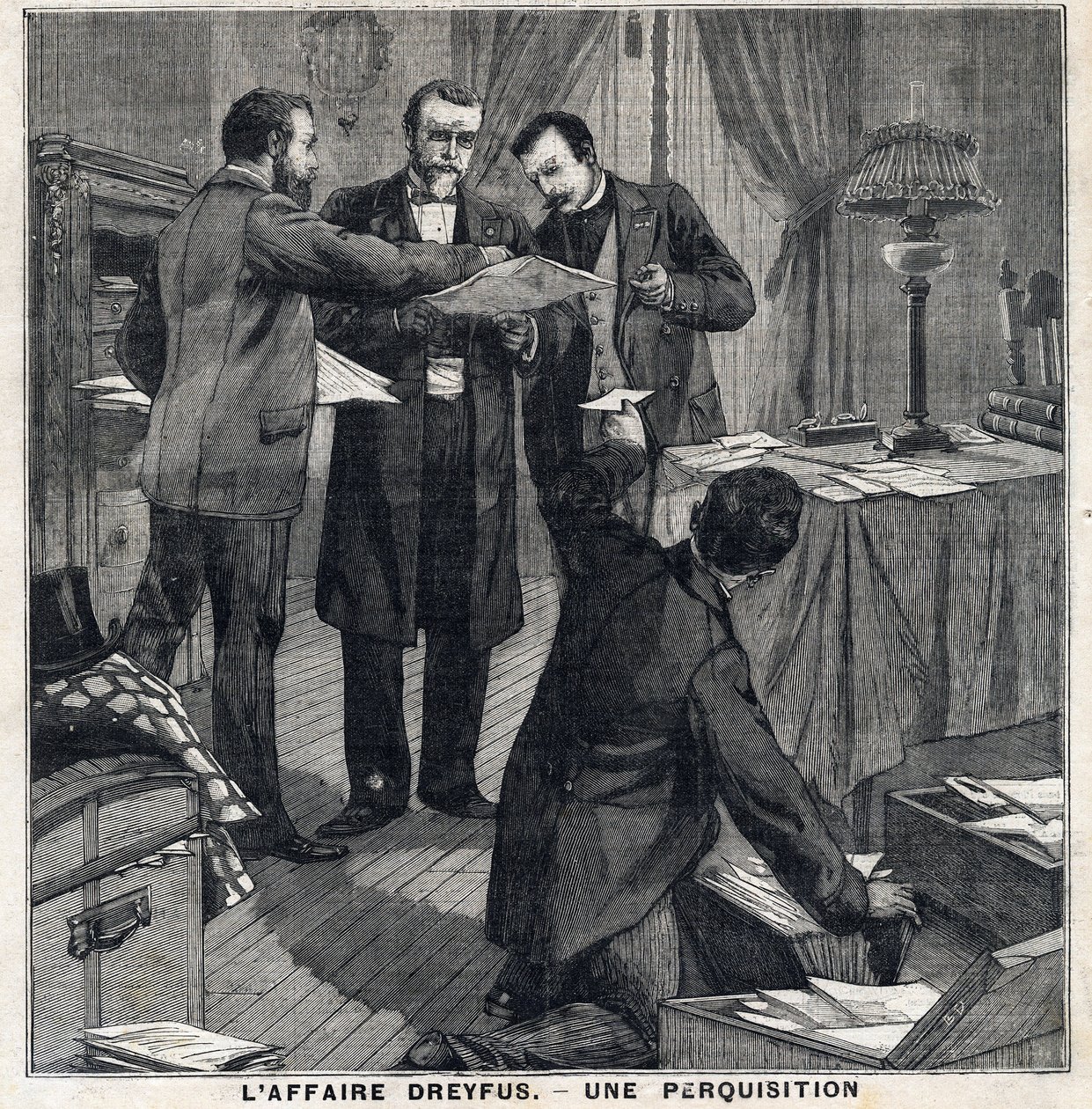 Caso Dreyfus: Tres oficiales de civil y un comisario de policía realizan un registro en la casa de Georges Picquart (1854-1914). En "Le Petit Parisien" el 5/12/1897. Colección privada de French School
