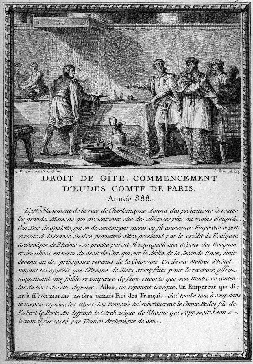 Derecho de Gite, Comienzo de Eudes, Conde de París, año 888. El Rey Guy III, Duque de Spoleto (fallecido en 894) fue hospedado por el Obispo de Metz bajo el derecho de una cabaña (derecho feudal que otorga a un señor el derecho de ser hospedado por su gent de French School