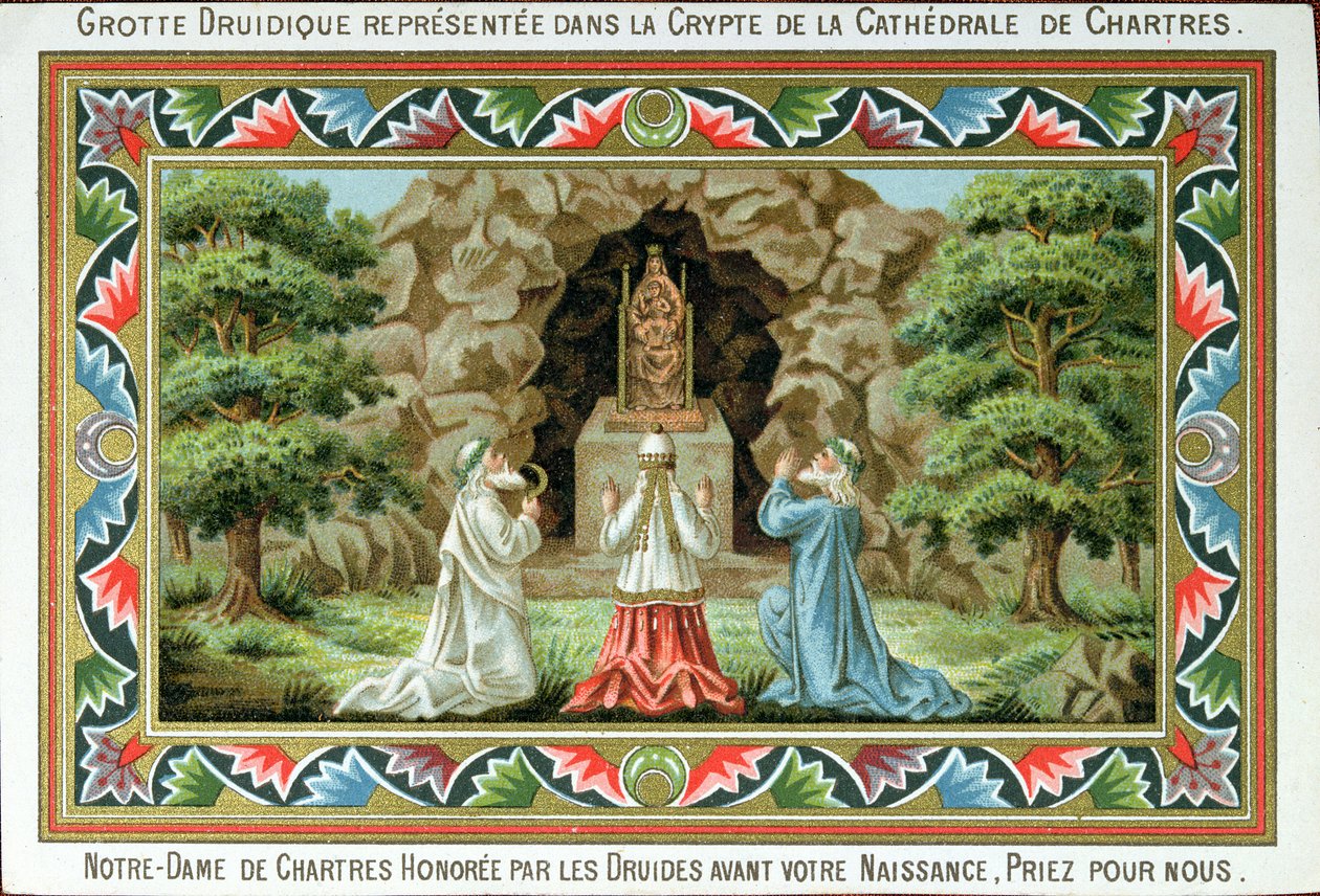 Druidas rezando ante una estatua de la Virgen y el Niño en el sitio de la gruta en Chartres, 1887 de French School