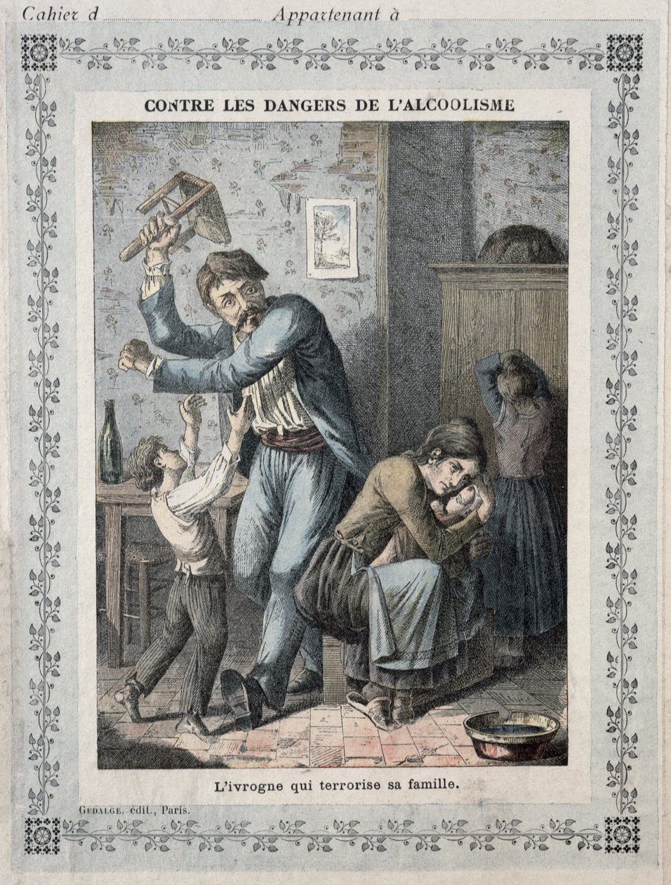 Borracho aterrorizando a su familia, portada de un cuaderno escolar. c.1900 de French School
