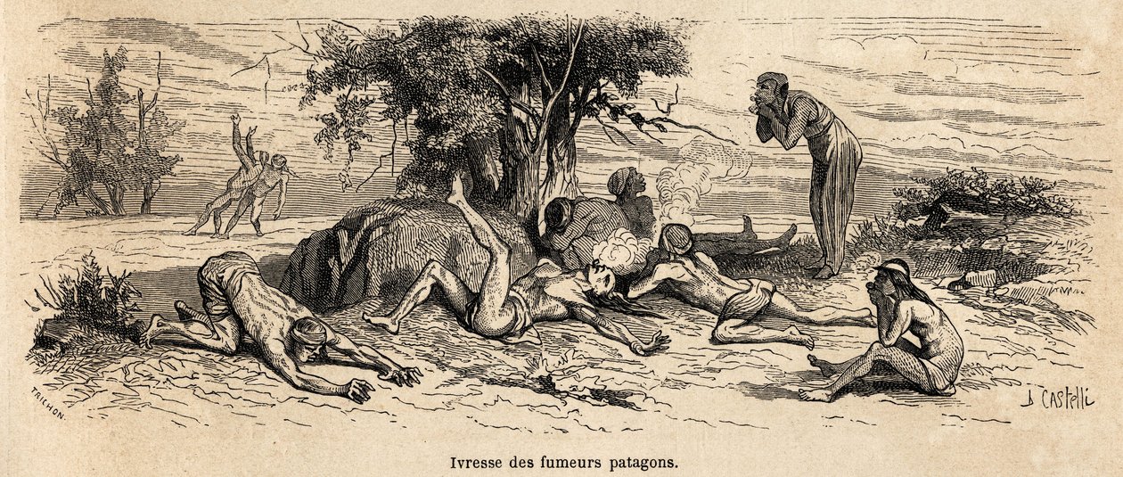 Embriaguez de fumadores, dibujo del autor, para ilustrar 3 años de cautiverio entre los patagones de French School