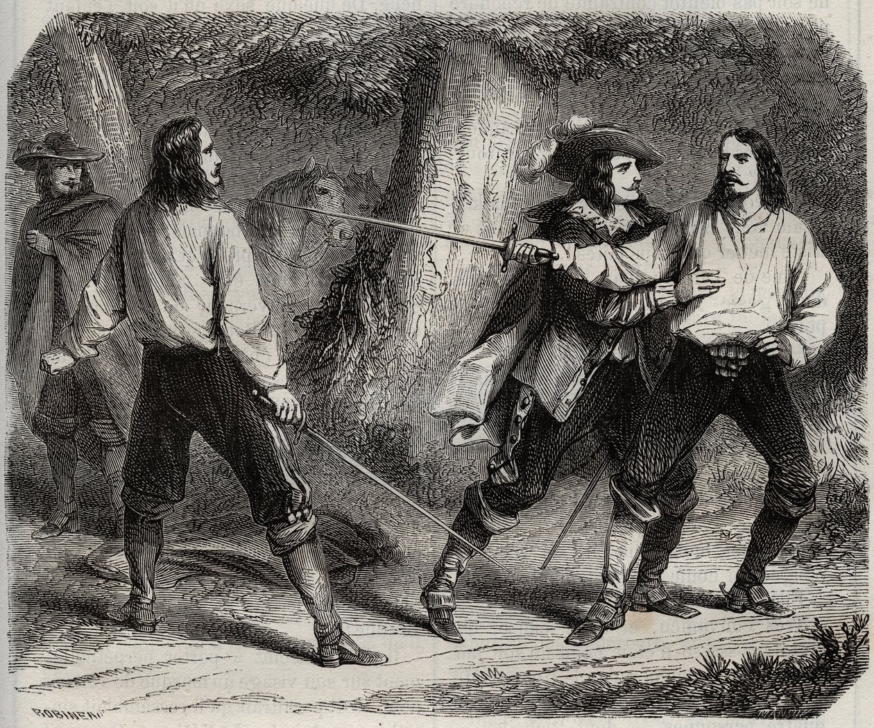 Duelo a espada entre el Vizconde de Cahuzac y el Marqués de Gesvres, de quien la reina de Francia Ana de Austria está enamorada, en los bosques de Vincennes. Siglo XVII. Grabado de 1871 en “Histoire Des Cocuses Celebres” de Henry de Kock de French School