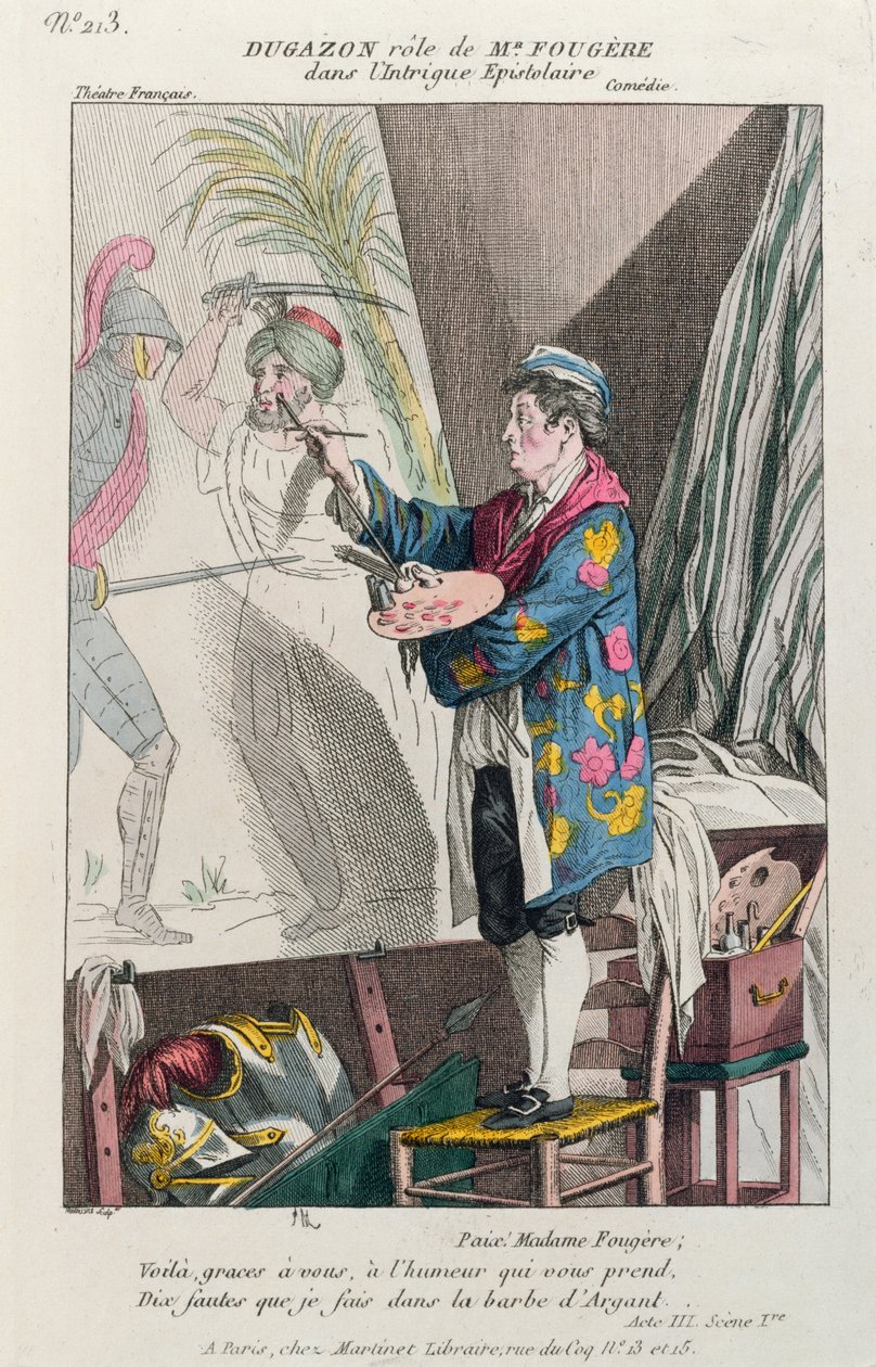 Dugazon en el papel del pintor, Fougère, en Intrigue Epistolaire, producida en París en el Théâtre Français, 1799 de French School