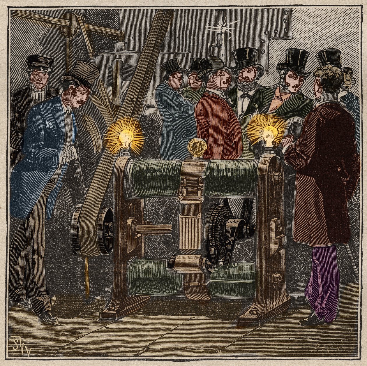 Máquina eléctrica dínamo tipo Gram (Zenobe Theophile Gram) produciendo corriente continua, experiencia eléctrica en la sala de máquinas del Conservatorio de Artes y Oficios de París (circa 1881). Grabado de 1885 en “Les arts et metiers illustres” por Ad. de French School