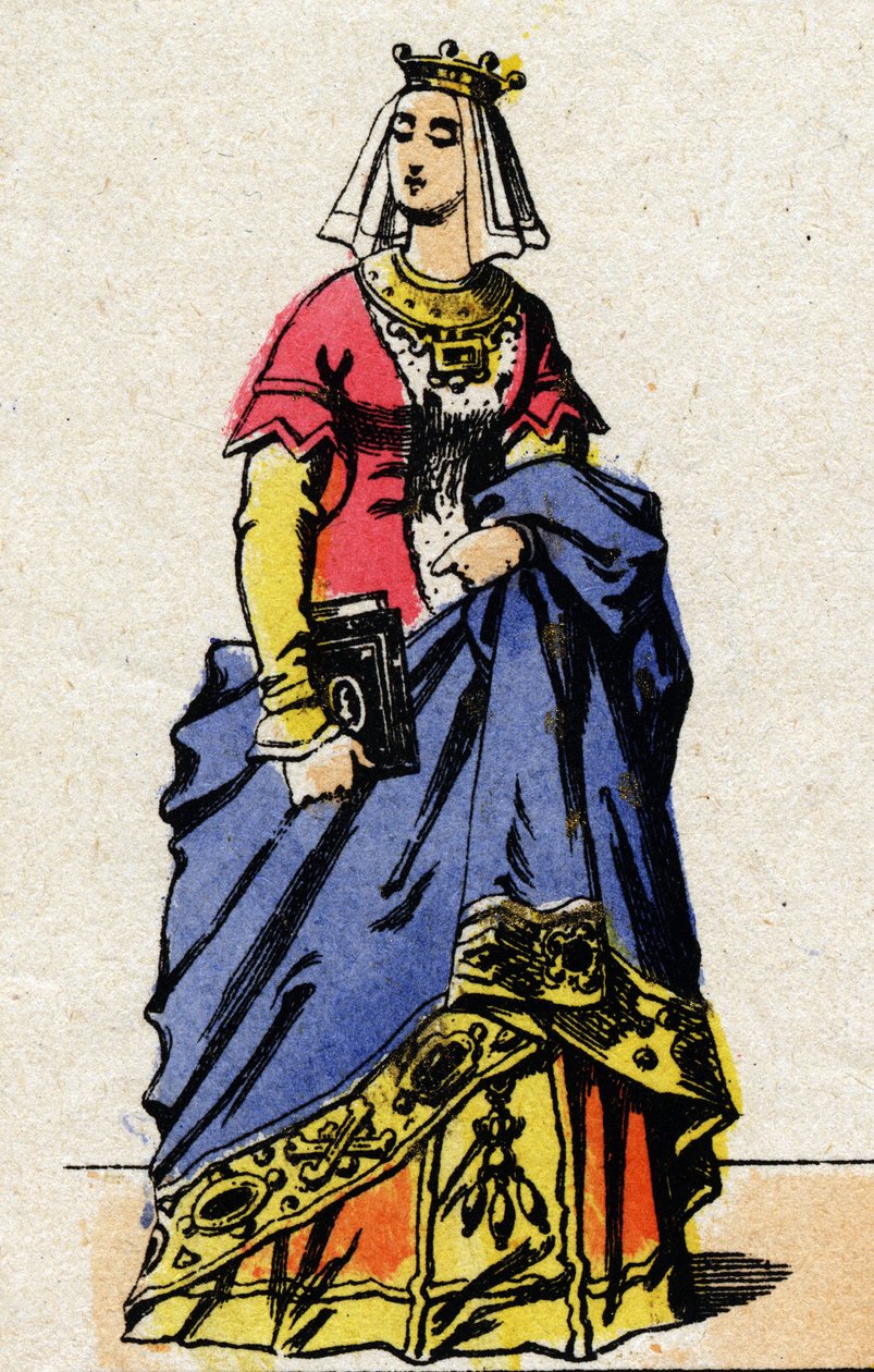 Dinastía de los Valois: Retrato de Carlota de Saboya (1441-1483) Reina de Francia, esposa de Luis XI de Francia, conocido como el Prudente (1423-1483). Imagen de Épinal de finales del siglo XIX. Colección privada. de French School