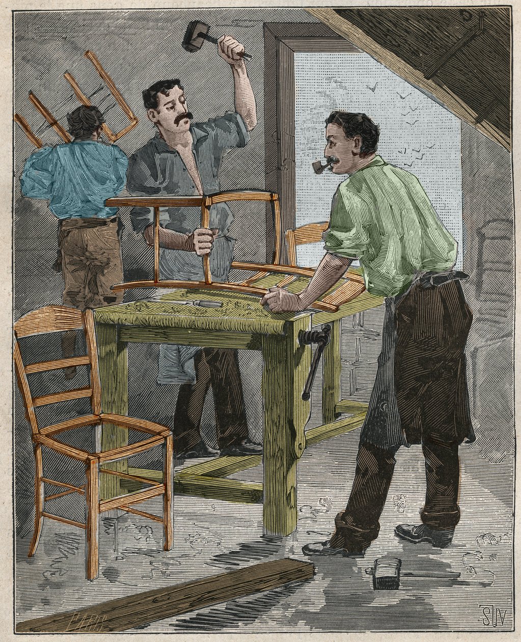 Ebanistería: ensamblaje de sillas en el siglo XIX en Francia. Grabado de 1885 en “Les arts et métiers illustrés” de Adolphe Bitard. de French School