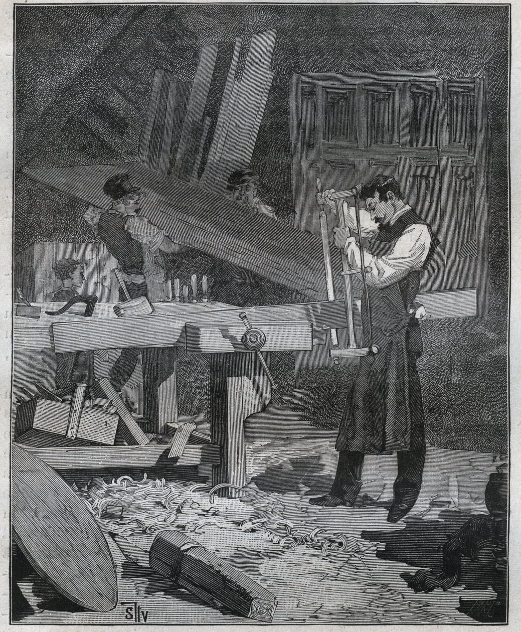 Ebanistería: trabajador ebanista partiendo una tabla en el taller. Grabado de 1885 en “Les arts et metiers illustres” por Adolphe BITARD. de French School
