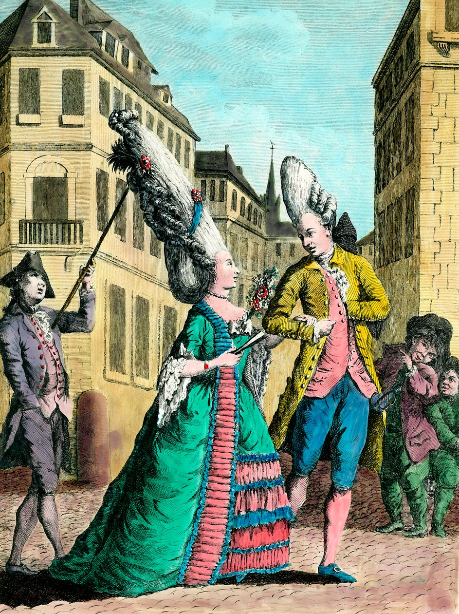 Peinados excéntricos en el siglo XVIII: la mujer francesa en el paseo. Grabado del siglo XVIII. Colección privada. de French School