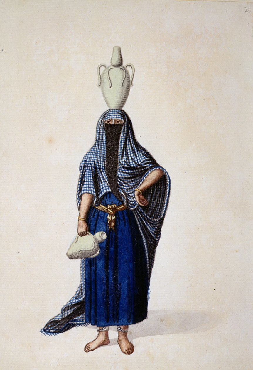 Mujer Egipcia Llevando una Jarra de Agua Ibrik, probablemente por Cousinery, período otomano, tercer cuarto del siglo XVIII de French School