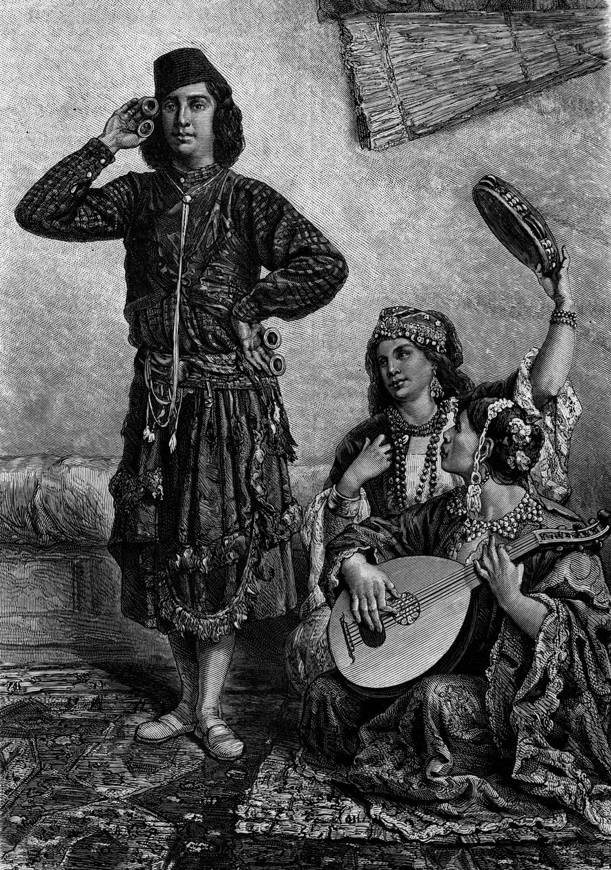 Músicos y bailarines egipcios. Hombre sostiene platillos entre sus dedos. Grabado en "Le Journal de la jeunesse" de French School
