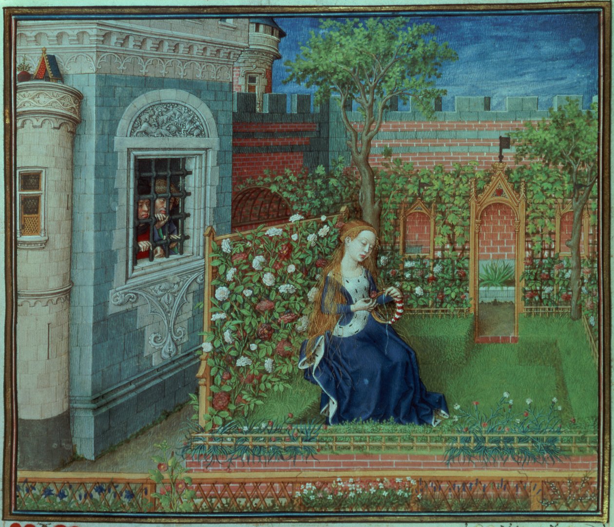 Emelye en su jardín. Los caballeros prisioneros Palamon y Arcite, de las Horas del Duque de Borgoña de French School