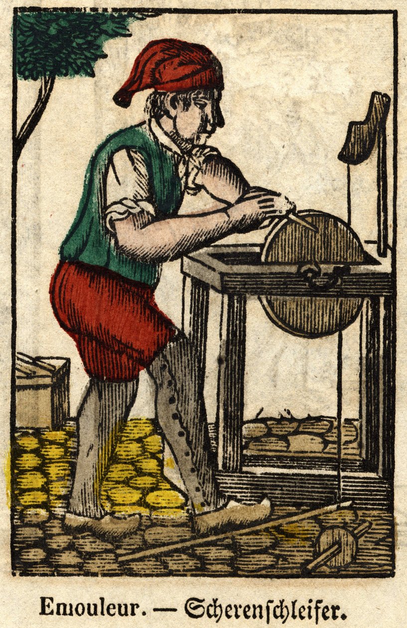 Emouleur (consiste en afilar objetos con la rueda de afilar); Serie sobre oficios, imagen de Épinal del siglo XIX. de French School