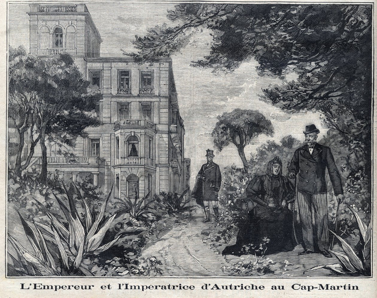 Emperador Francisco José I de Austria (1830-1916) y Emperatriz de Austria Isabel Amalia de Wittelsbach conocida como Sissi (1837-1898) en Cap Martin en la región de Alpes-Marítimos de Provenza-Alpes-Costa Azul. en "Le Petit Parisien" de French School