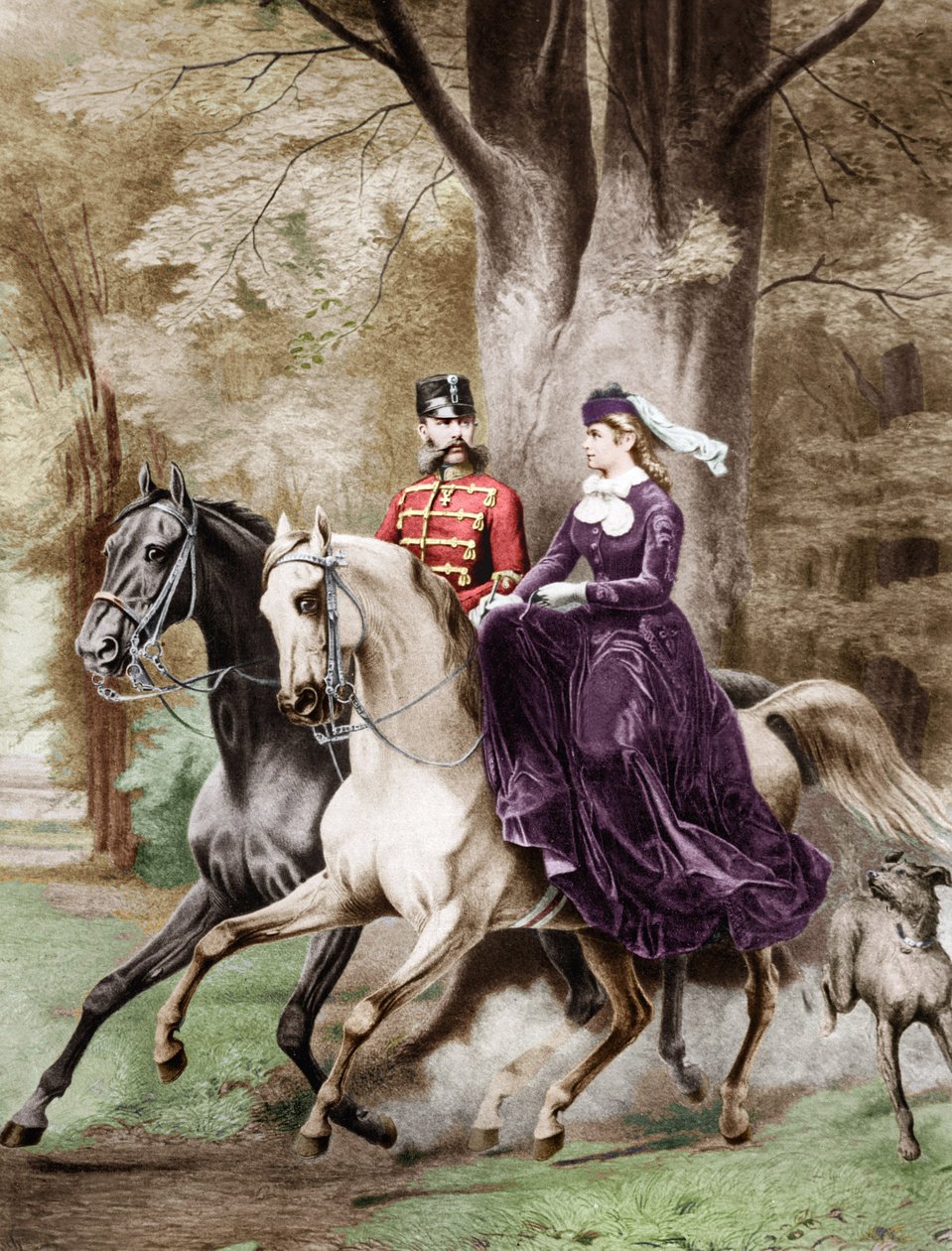 El emperador Francisco José I y la emperatriz Isabel de Austria de Wittelsbach (1837-1898) montando a caballo (grabado) de French School