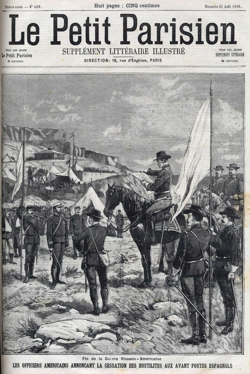 Fin de la Guerra Hispano-Estadounidense en 1898. Oficiales estadounidenses anunciando el cese de hostilidades en los puestos avanzados españoles. Grabado en “Le petit parisien” de 1898. de French School