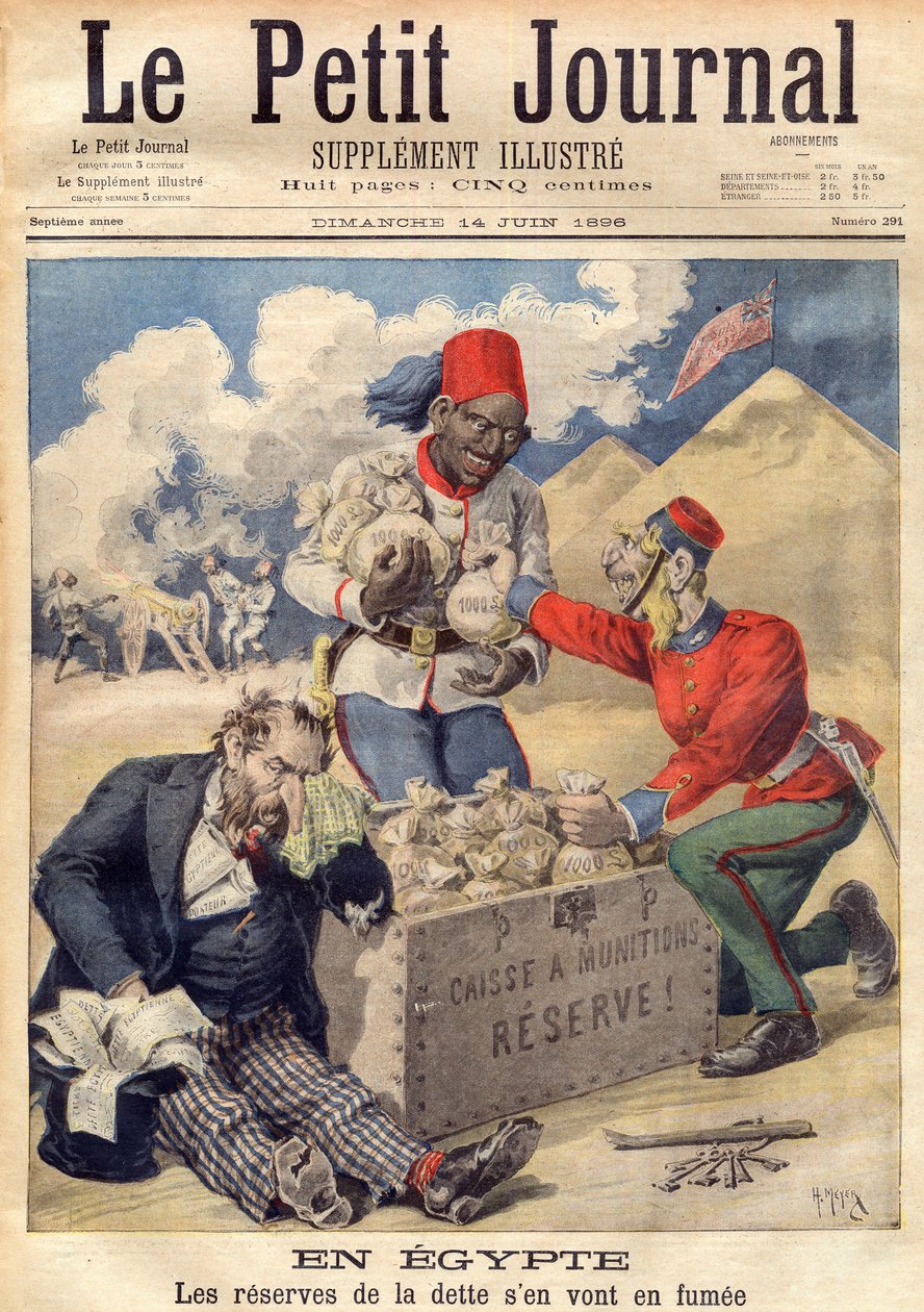 Inglaterra poniendo la mano en las reservas de la deuda egipcia para financiar una operación militar en junio de 1896 - ilustración de 