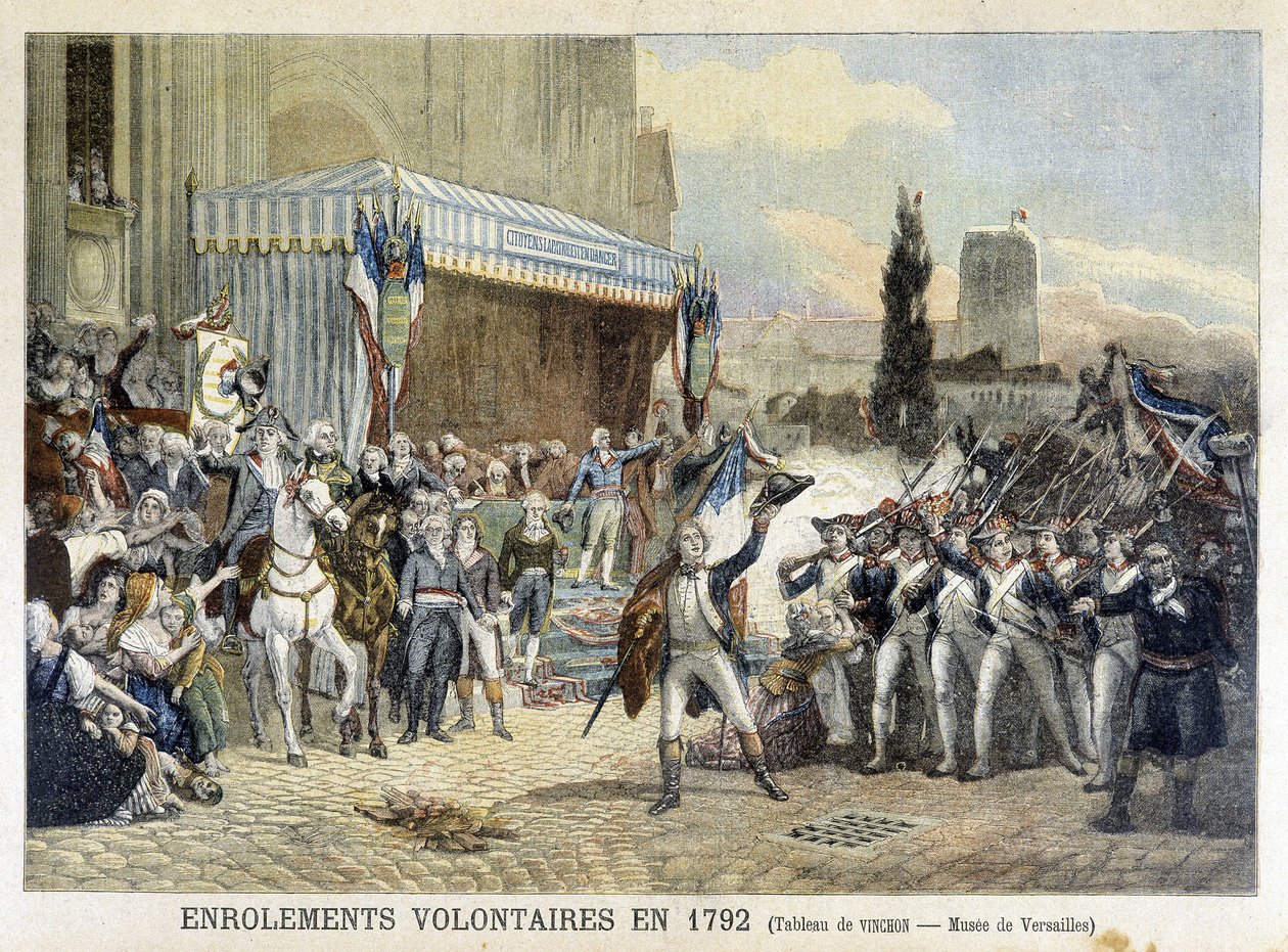 Enrolamiento de voluntarios en 1792 (grabado en color) de French School