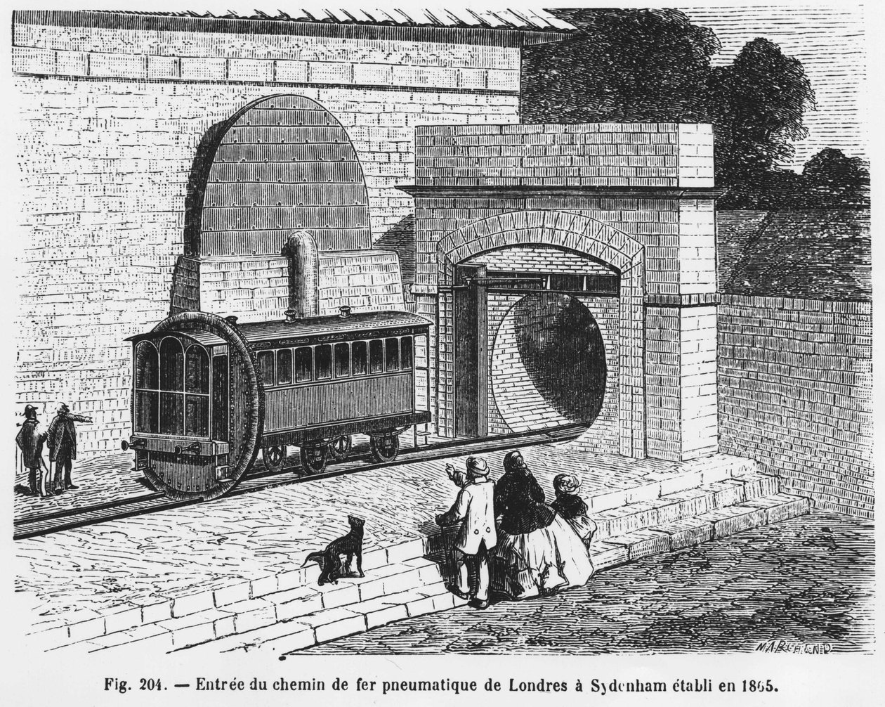 Entrada del ferrocarril neumático de Londres a Sydenham, establecido en 1865 - en “The Wonders of Science”, por L. Figuier. de French School